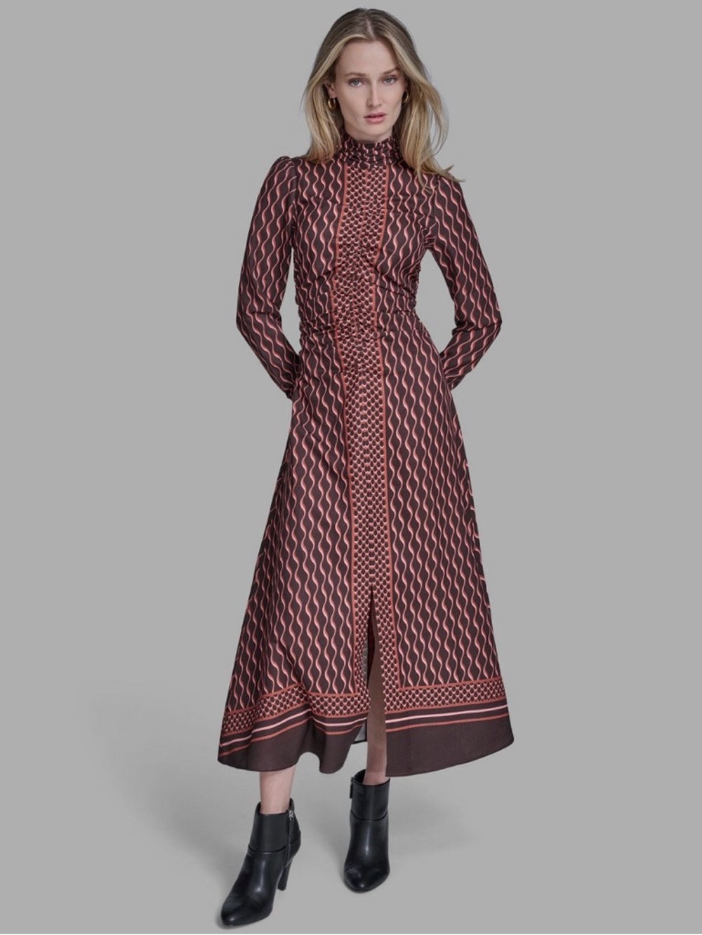 BCBG Brown & Pink Patterned Long Sleeve Midi Dress
